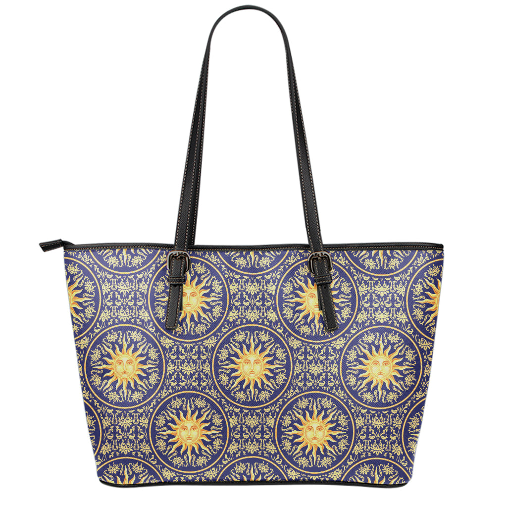 Blue And Gold Celestial Pattern Print Leather Tote Bag