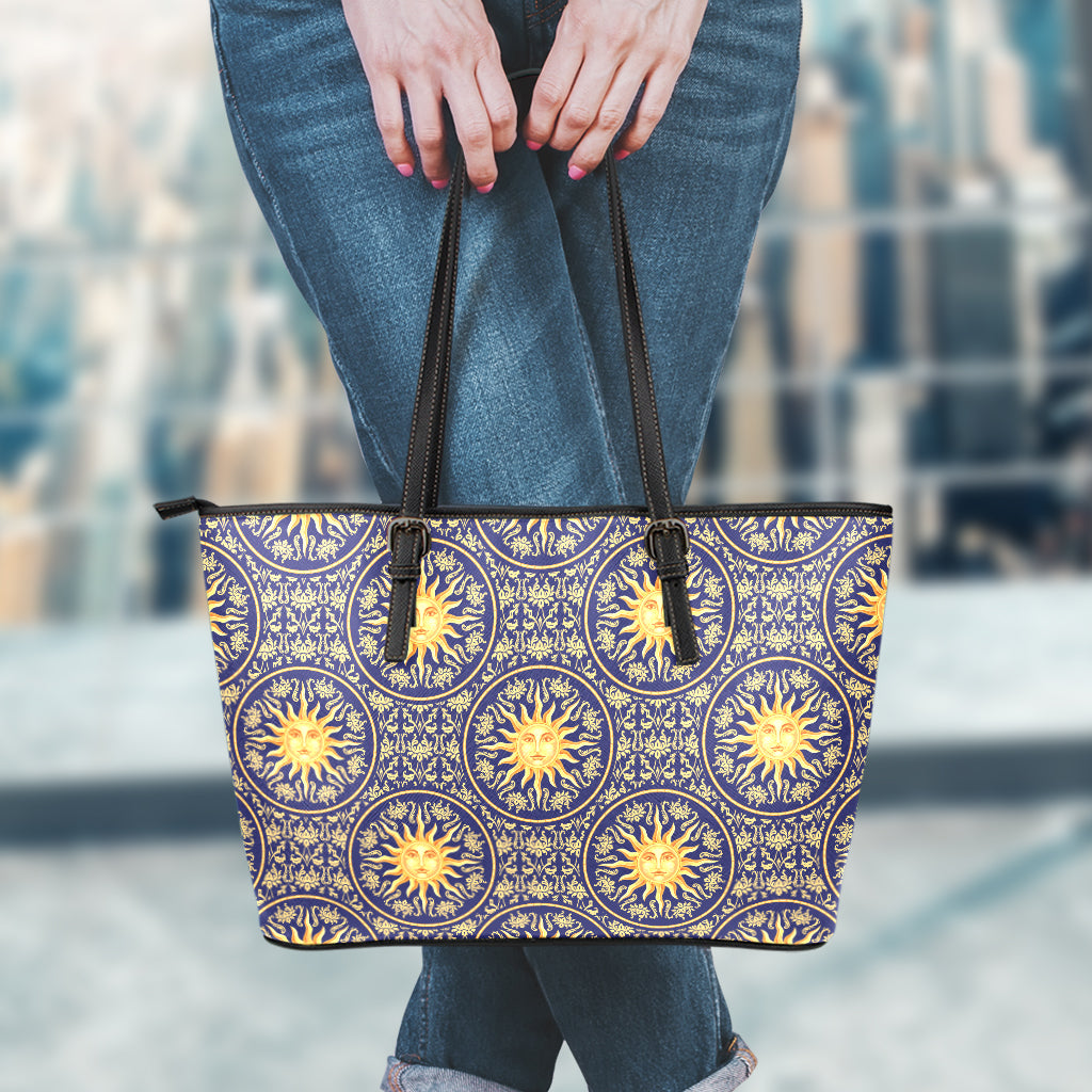 Blue And Gold Celestial Pattern Print Leather Tote Bag