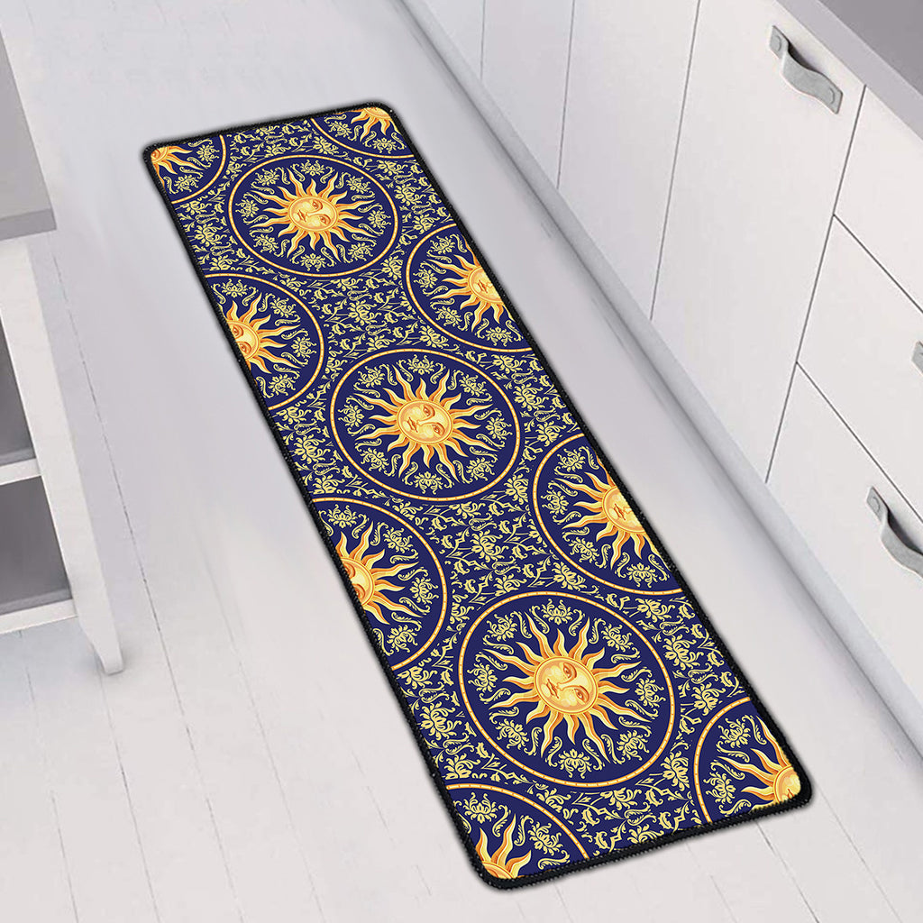 Blue And Gold Celestial Pattern Print Long Kitchen Mat