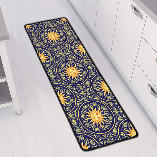 Blue And Gold Celestial Pattern Print Long Kitchen Mat