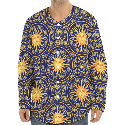 Blue And Gold Celestial Pattern Print Long Sleeve Baseball Jersey