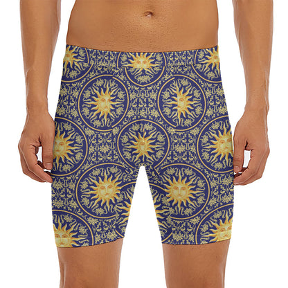 Blue And Gold Celestial Pattern Print Men's Long Boxer Briefs