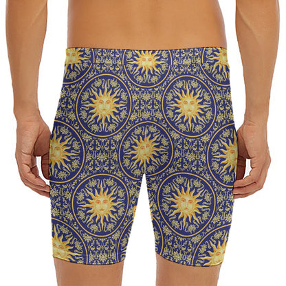 Blue And Gold Celestial Pattern Print Men's Long Boxer Briefs