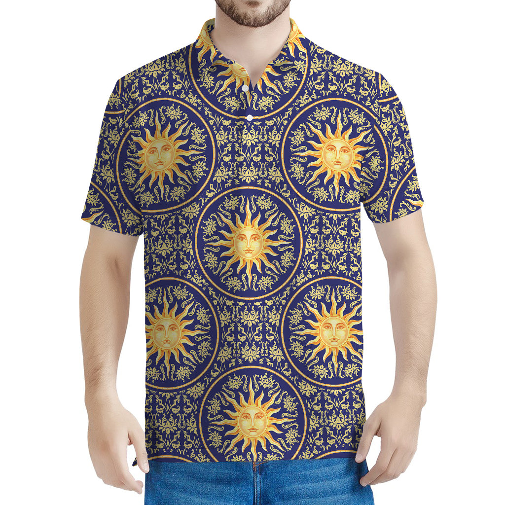 Blue And Gold Celestial Pattern Print Men's Polo Shirt