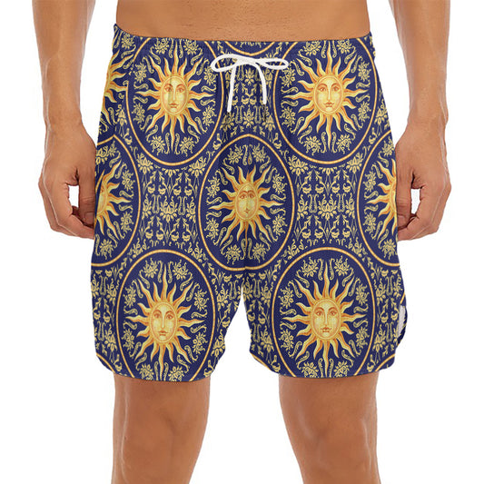 Blue And Gold Celestial Pattern Print Men's Split Running Shorts