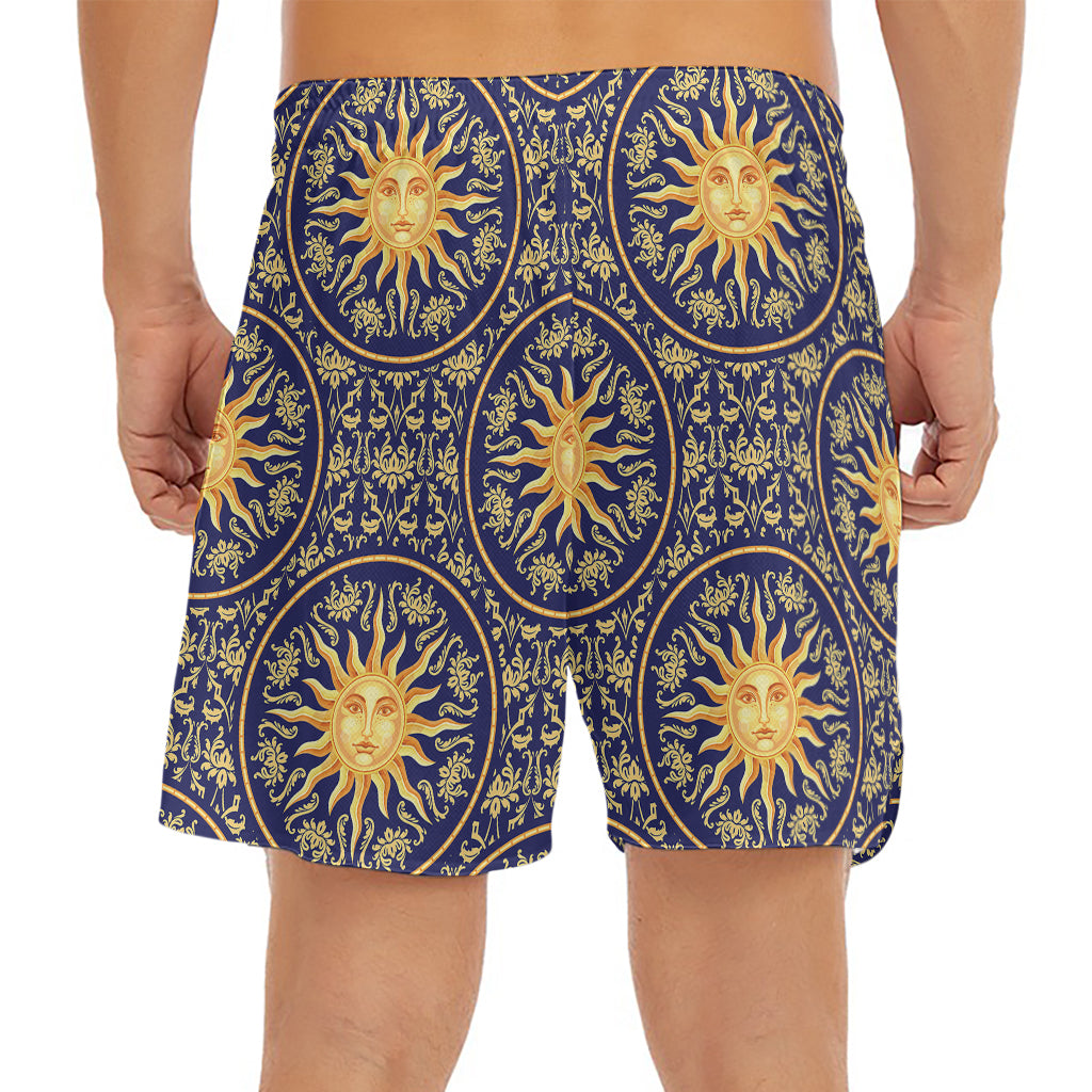 Blue And Gold Celestial Pattern Print Men's Split Running Shorts