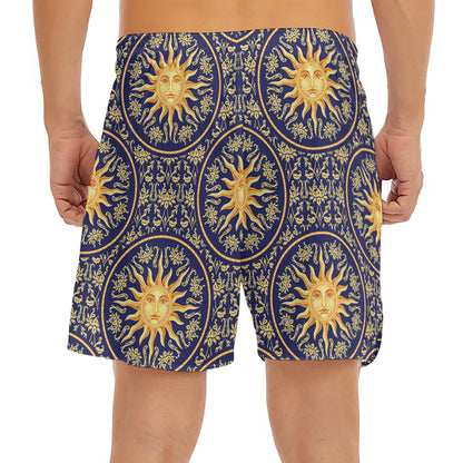 Blue And Gold Celestial Pattern Print Men's Split Running Shorts