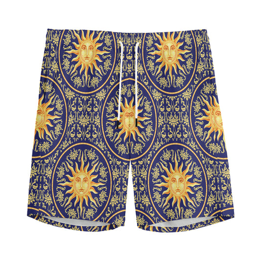 Blue And Gold Celestial Pattern Print Men's Sports Shorts