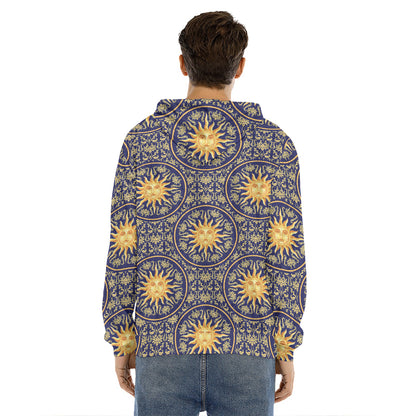 Blue And Gold Celestial Pattern Print Men's Velvet Pullover Hoodie