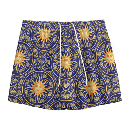 Blue And Gold Celestial Pattern Print Mesh Shorts