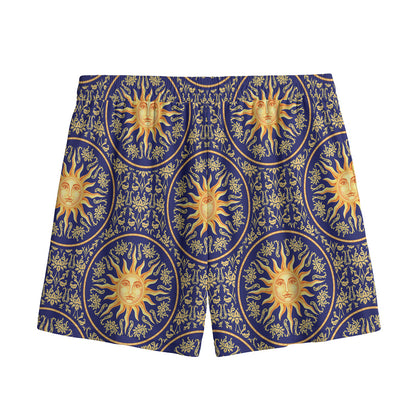 Blue And Gold Celestial Pattern Print Mesh Shorts