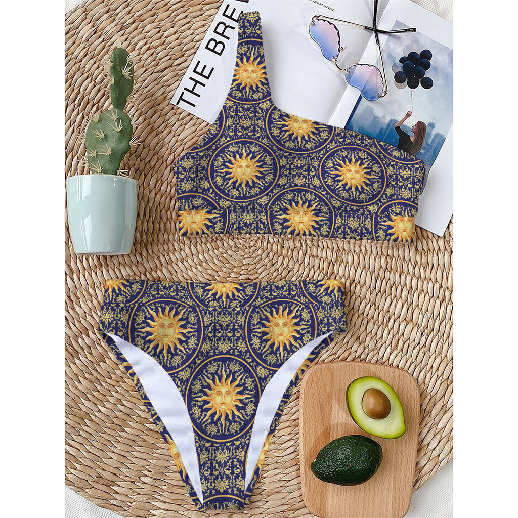 Blue And Gold Celestial Pattern Print One Shoulder Bikini Top
