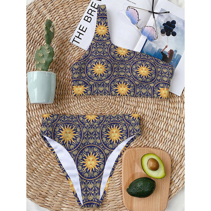 Blue And Gold Celestial Pattern Print One Shoulder Bikini Top