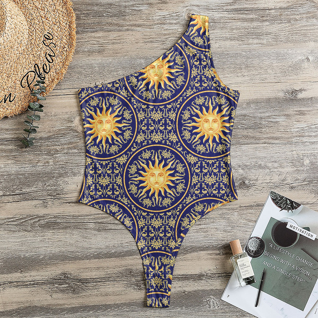 Blue And Gold Celestial Pattern Print One Shoulder Bodysuit