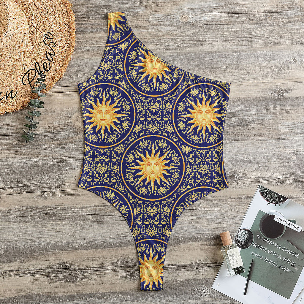 Blue And Gold Celestial Pattern Print One Shoulder Bodysuit