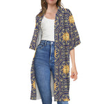 Blue And Gold Celestial Pattern Print Open Front Beach Cover Up