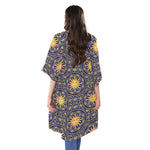 Blue And Gold Celestial Pattern Print Open Front Beach Cover Up