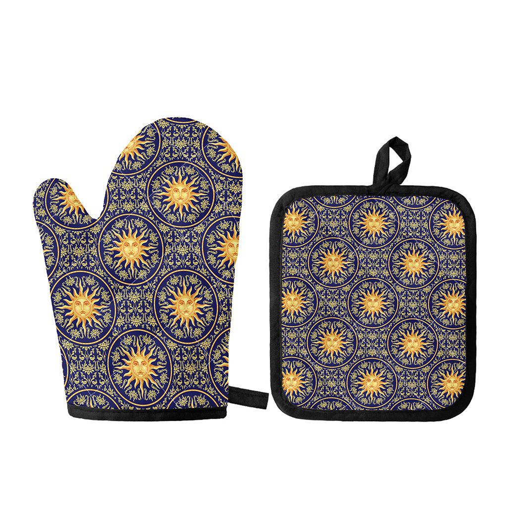 Blue And Gold Celestial Pattern Print Oven Mitt And Pot Holder Set
