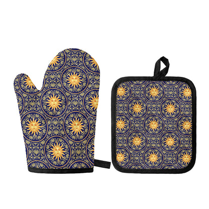 Blue And Gold Celestial Pattern Print Oven Mitt And Pot Holder Set
