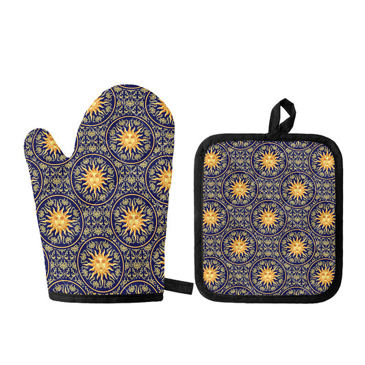 Blue And Gold Celestial Pattern Print Oven Mitt And Pot Holder Set
