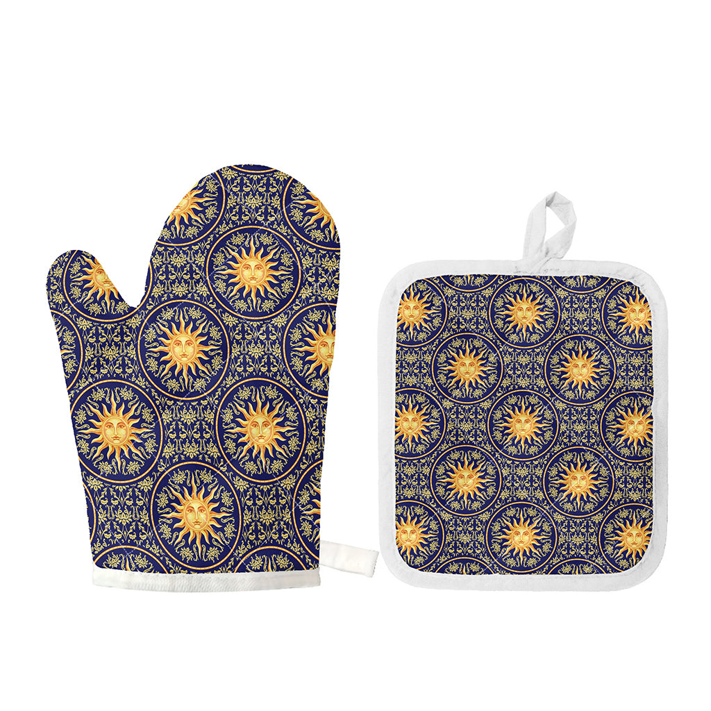 Blue And Gold Celestial Pattern Print Oven Mitt And Pot Holder Set