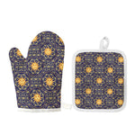 Blue And Gold Celestial Pattern Print Oven Mitt And Pot Holder Set