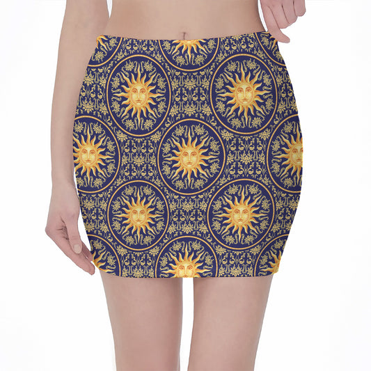 Blue And Gold Celestial Pattern Print Pencil Mini Skirt