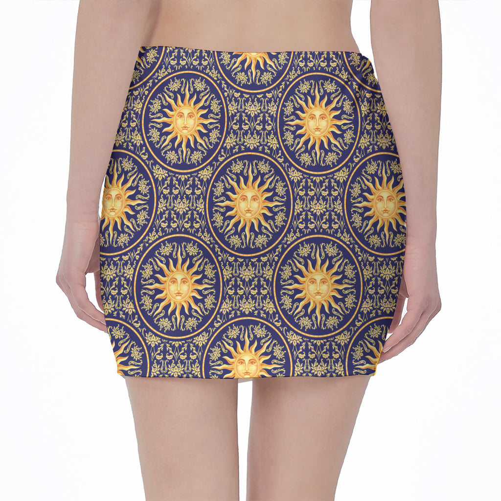Blue And Gold Celestial Pattern Print Pencil Mini Skirt