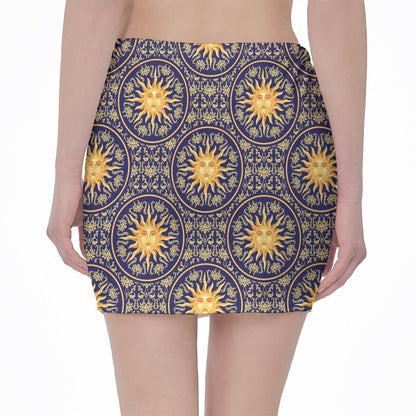 Blue And Gold Celestial Pattern Print Pencil Mini Skirt