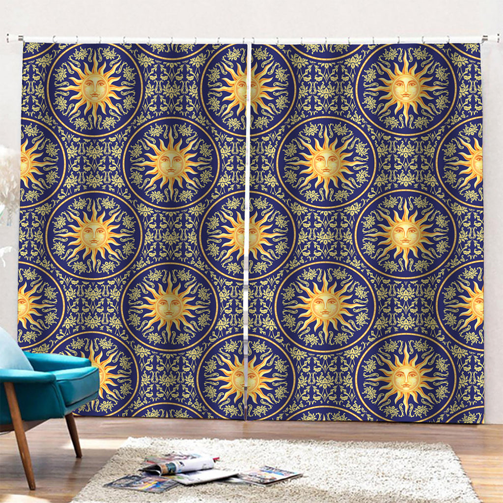 Blue And Gold Celestial Pattern Print Pencil Pleat Curtains