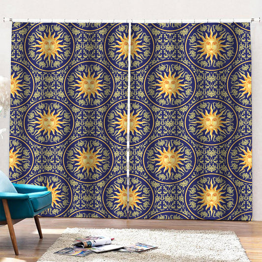 Blue And Gold Celestial Pattern Print Pencil Pleat Curtains