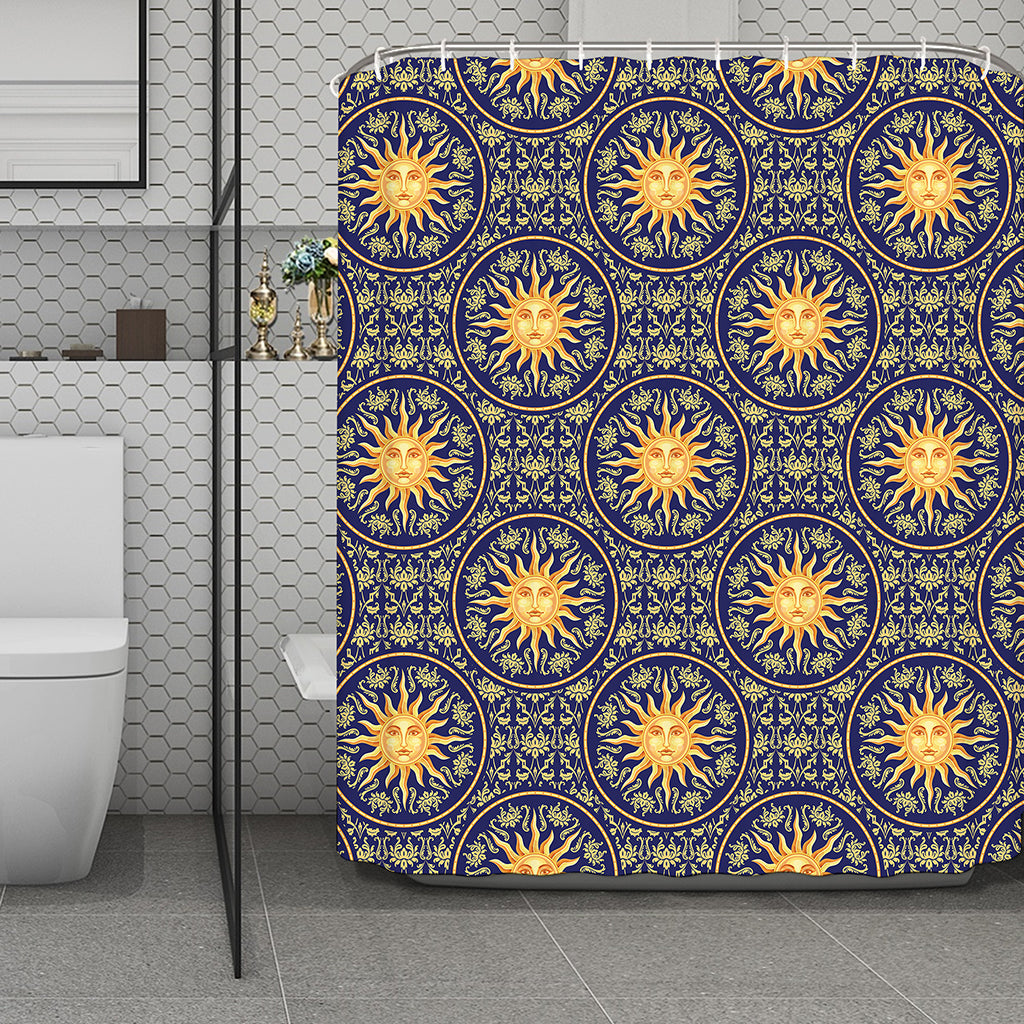 Blue And Gold Celestial Pattern Print Polyester Shower Curtain
