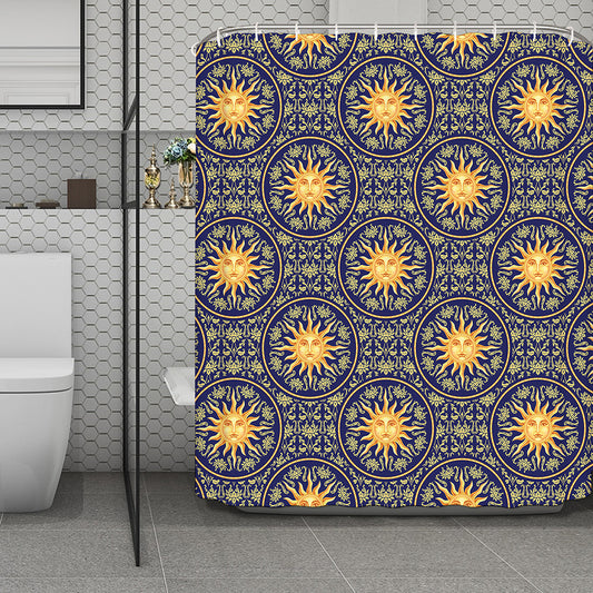 Blue And Gold Celestial Pattern Print Polyester Shower Curtain