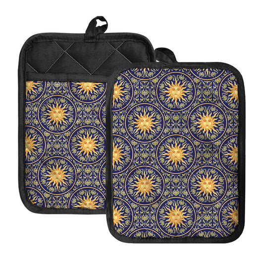 Blue And Gold Celestial Pattern Print Pot Holders With Pocket