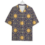 Blue And Gold Celestial Pattern Print Rayon Hawaiian Shirt