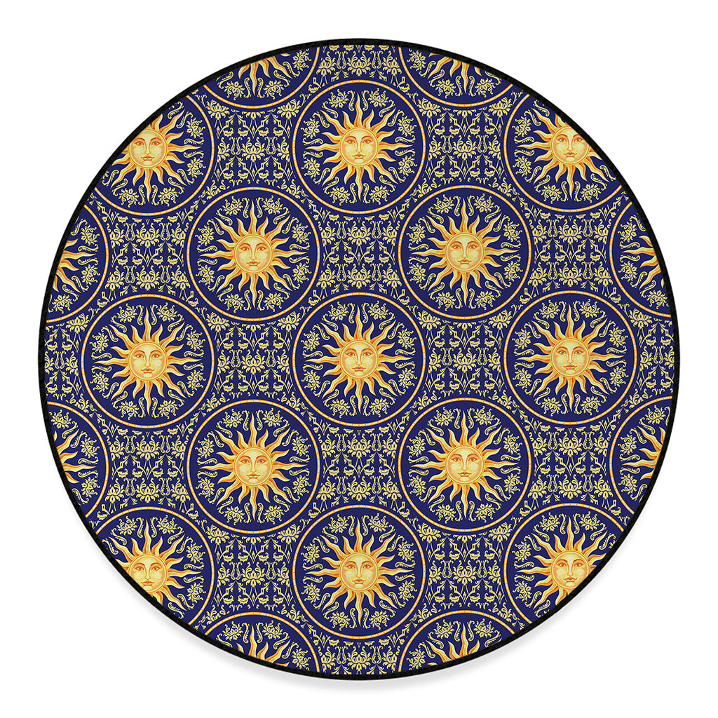 Blue And Gold Celestial Pattern Print Round Floor Mat