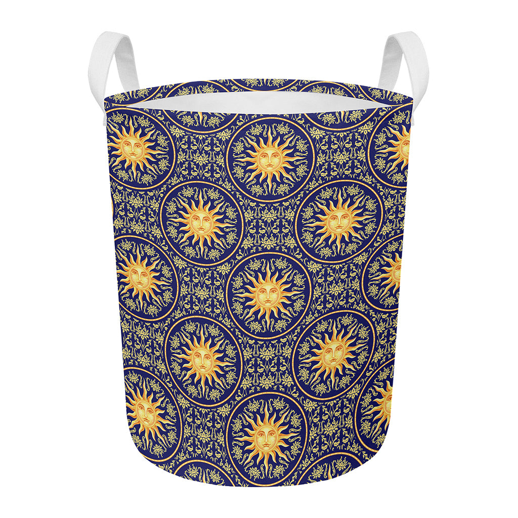 Blue And Gold Celestial Pattern Print Round Laundry Basket