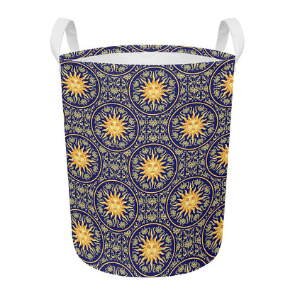 Blue And Gold Celestial Pattern Print Round Laundry Basket