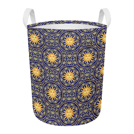 Blue And Gold Celestial Pattern Print Round Laundry Basket