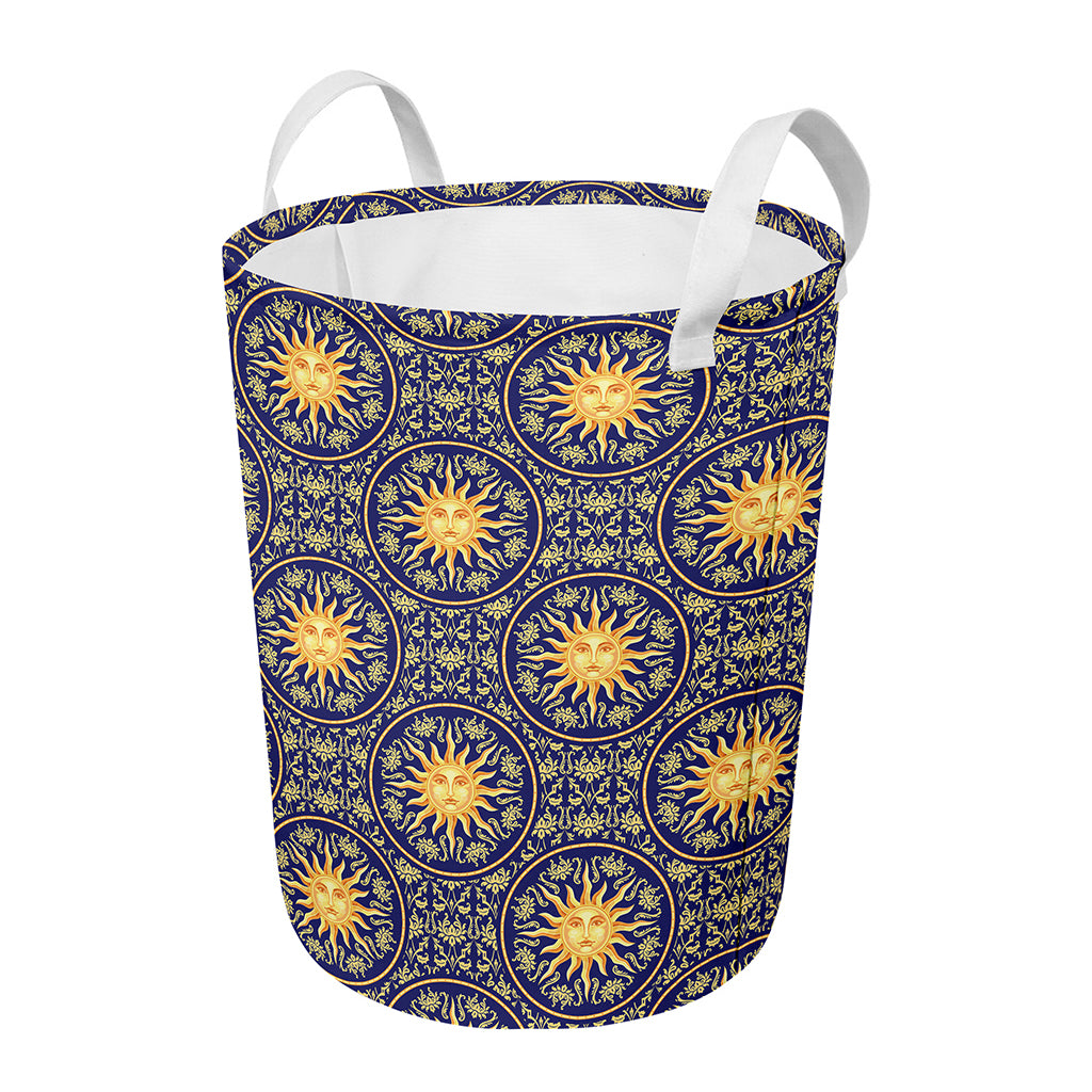Blue And Gold Celestial Pattern Print Round Laundry Basket