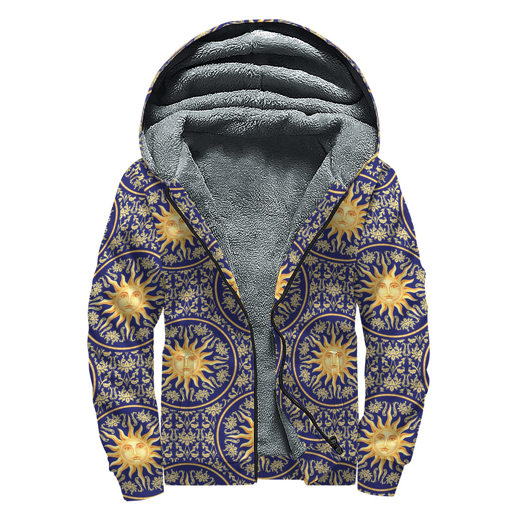 Blue And Gold Celestial Pattern Print Sherpa Lined Zip Up Hoodie