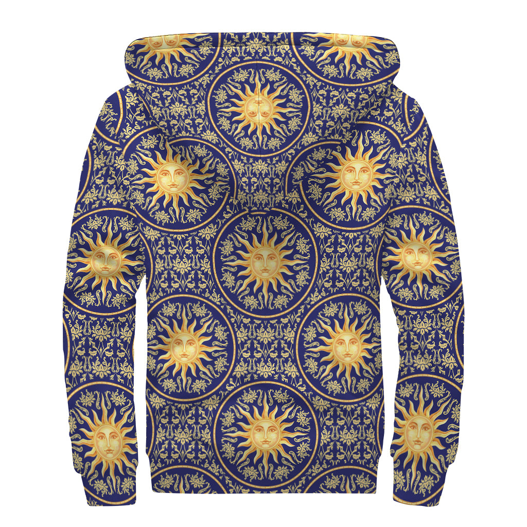Blue And Gold Celestial Pattern Print Sherpa Lined Zip Up Hoodie