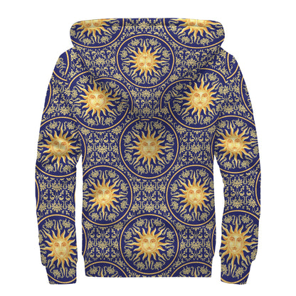 Blue And Gold Celestial Pattern Print Sherpa Lined Zip Up Hoodie