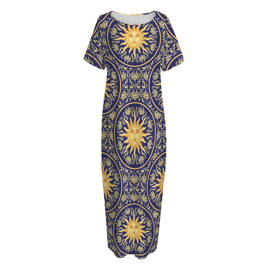 Blue And Gold Celestial Pattern Print Short Sleeve Long Nightdress