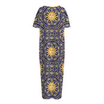 Blue And Gold Celestial Pattern Print Short Sleeve Long Nightdress