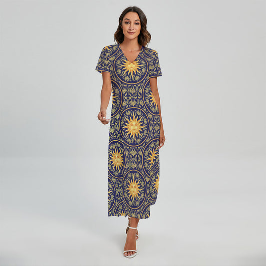 Blue And Gold Celestial Pattern Print Short Sleeve Maxi Dress