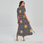 Blue And Gold Celestial Pattern Print Short Sleeve Maxi Dress