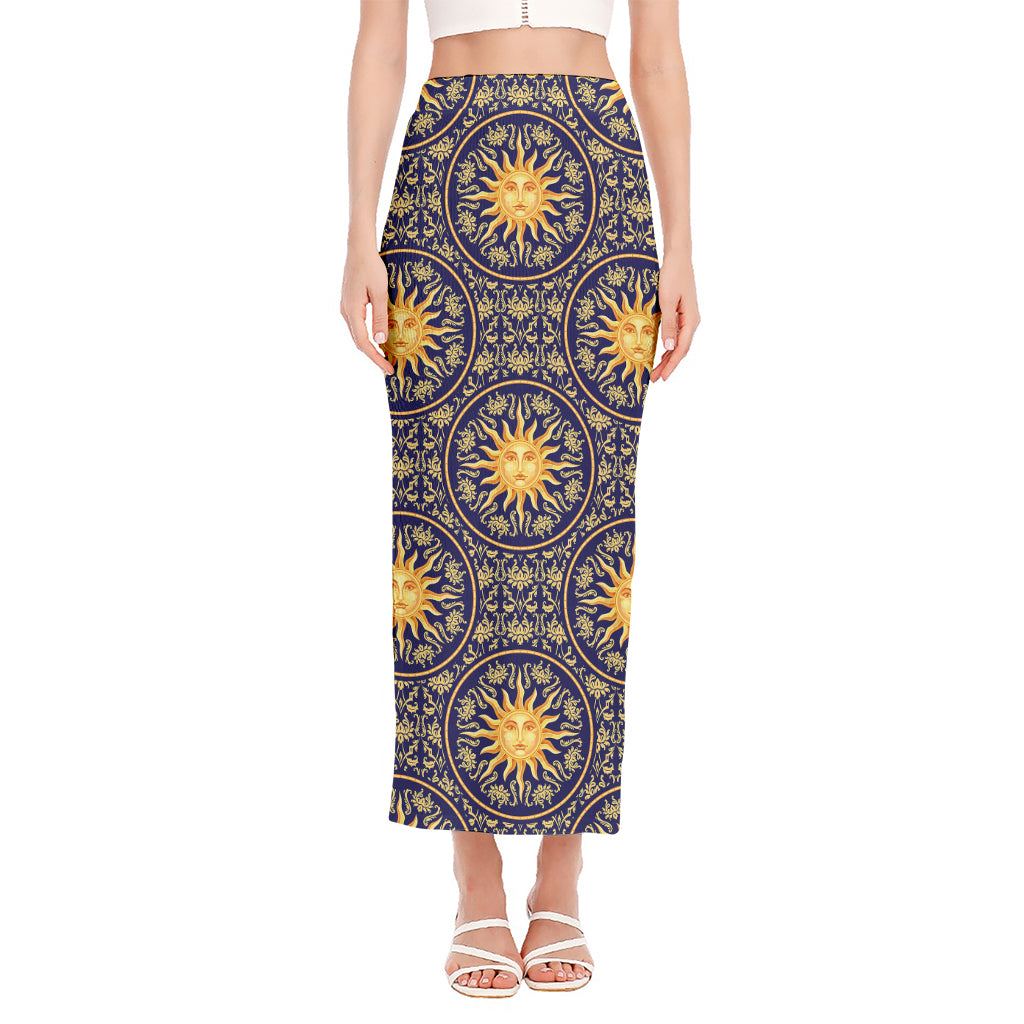 Blue And Gold Celestial Pattern Print Side Slit Maxi Skirt