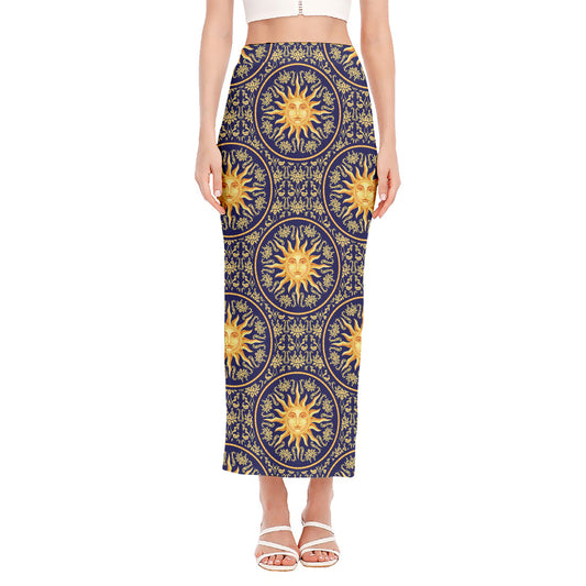 Blue And Gold Celestial Pattern Print Side Slit Maxi Skirt