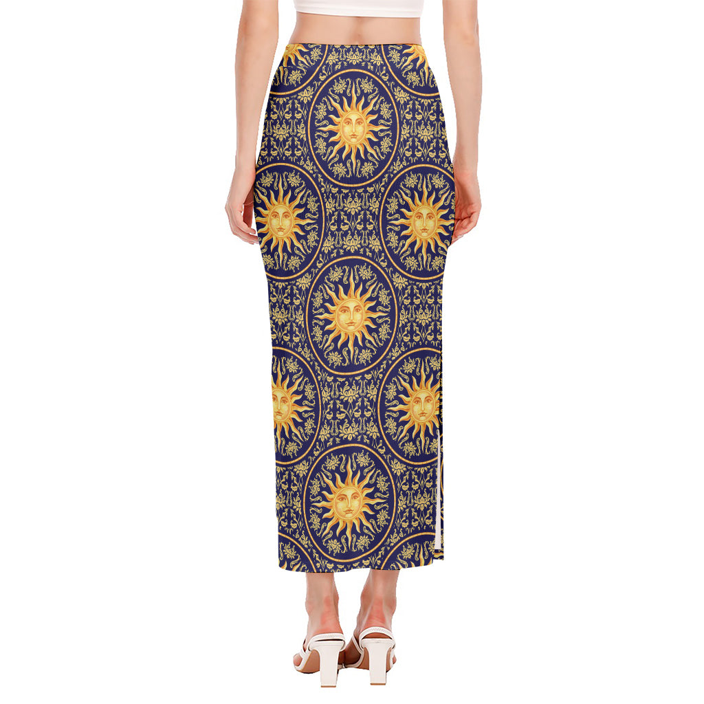 Blue And Gold Celestial Pattern Print Side Slit Maxi Skirt